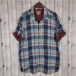 Roebuck & Co Button Shirt Men's XXL Roll Tab Short Sleeve Lined Blue Plaid